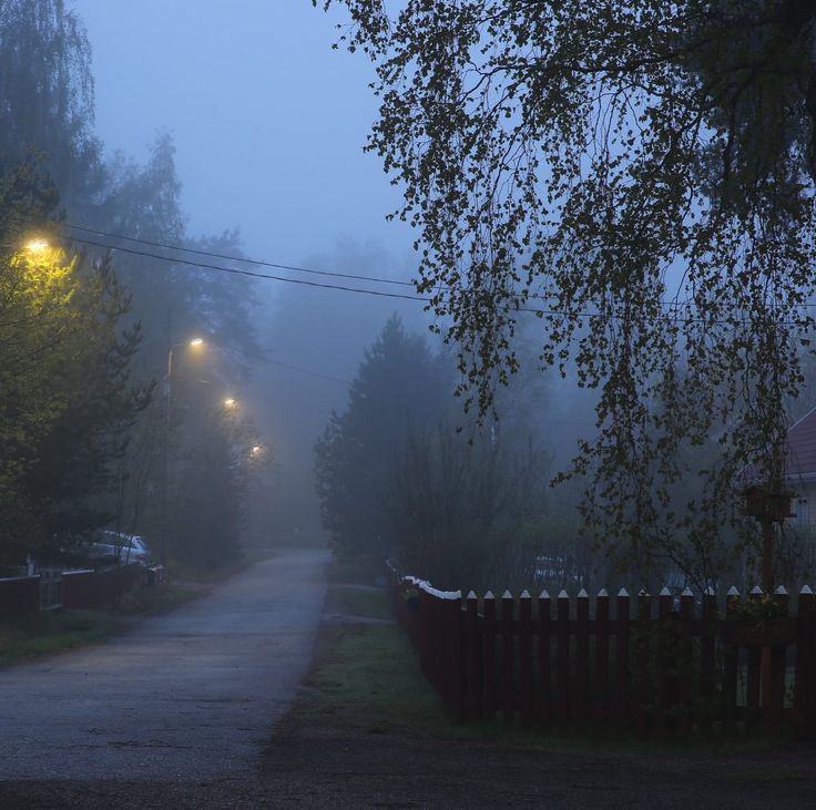 a foggy street at night with lights on