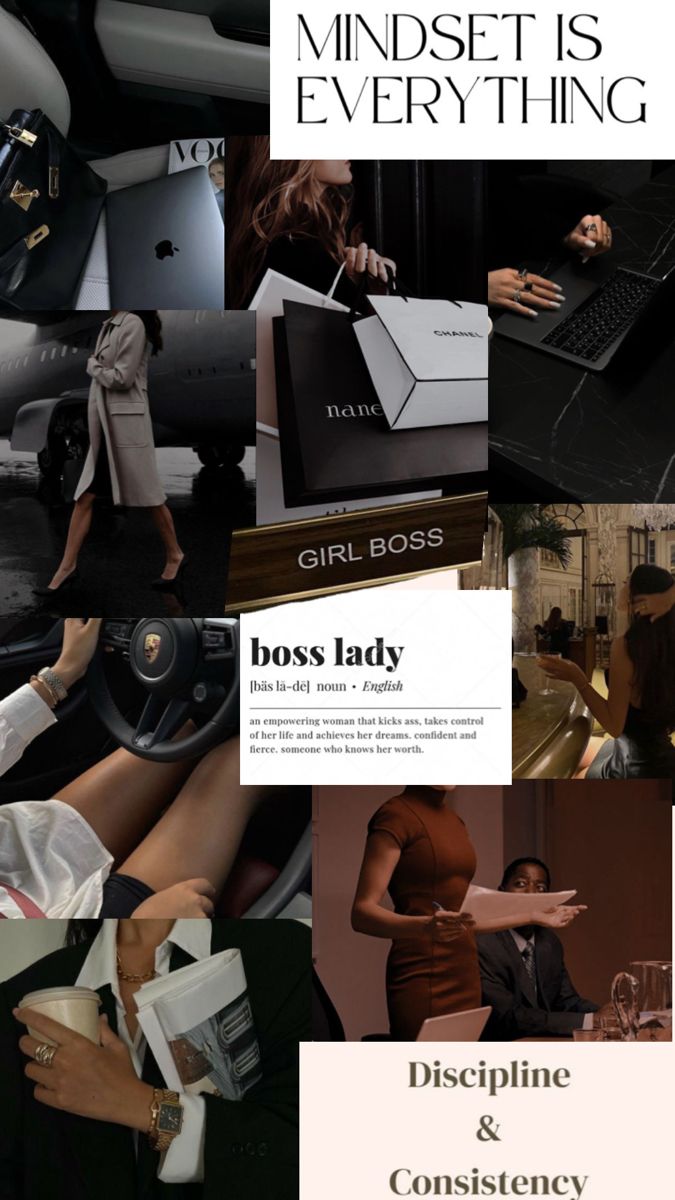 a collage of photos with the words boss lady and business women on them, including an image of a woman holding a laptop