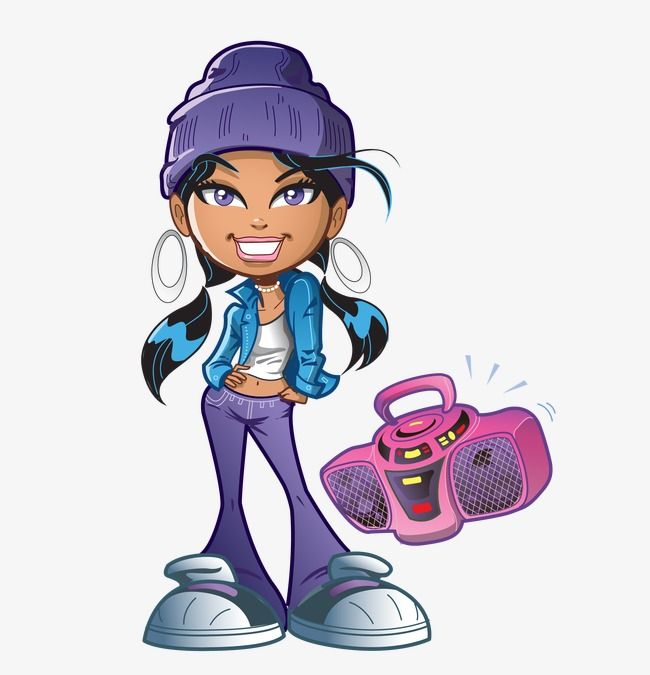 a cartoon character holding a pink radio and wearing a purple hat with her hands on her hips