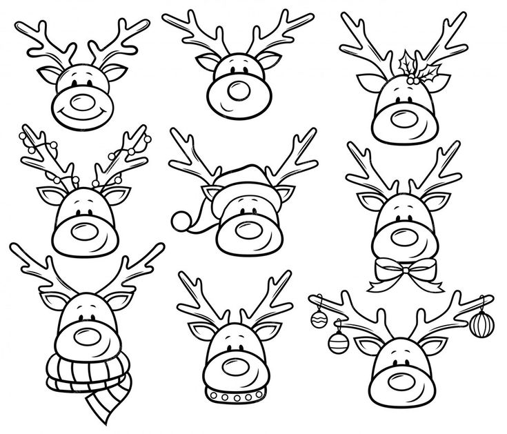 christmas reindeers with hats and scarves on their heads are drawn in black and white