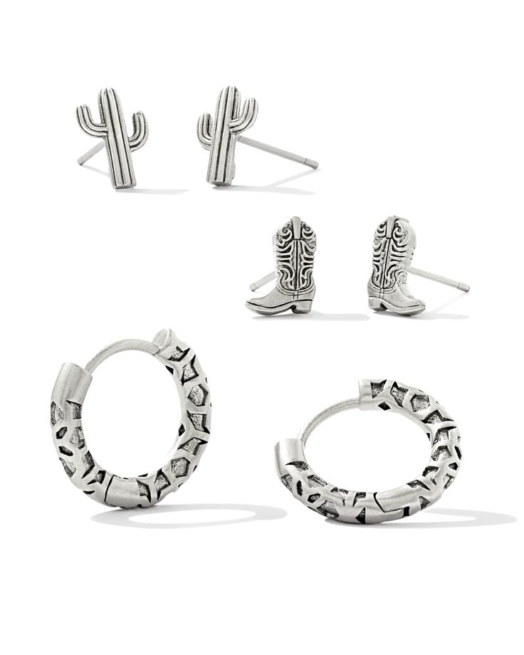 Style a Southwest-inspired ear stack with the Cowboy Boot Earring Set of 3 in Vintage Silver. Tip your hat to your inner cowgirl with studs in cowboy boot and cactus shapes and adorable textured huggies to complete the look. Stack ‘em all together or style individually—the options are endless. This earring set is a part of Yellow Rose by Kendra Scott—a brand that celebrates ranch life with Kendra Scott staples alongside select curated jewelry pieces and accessories. Metal Vintage Silver Over Bra Silver Western Style Earrings, Cactus Shapes, Silver Dangle Western Earrings, Nickel-free Metal Western Jewelry, Vintage Silver Jewelry For Rodeo, Adjustable Nickel-free Western Earrings, Silver Kendra Scott, Kendra Scott Store, Earring Stacks