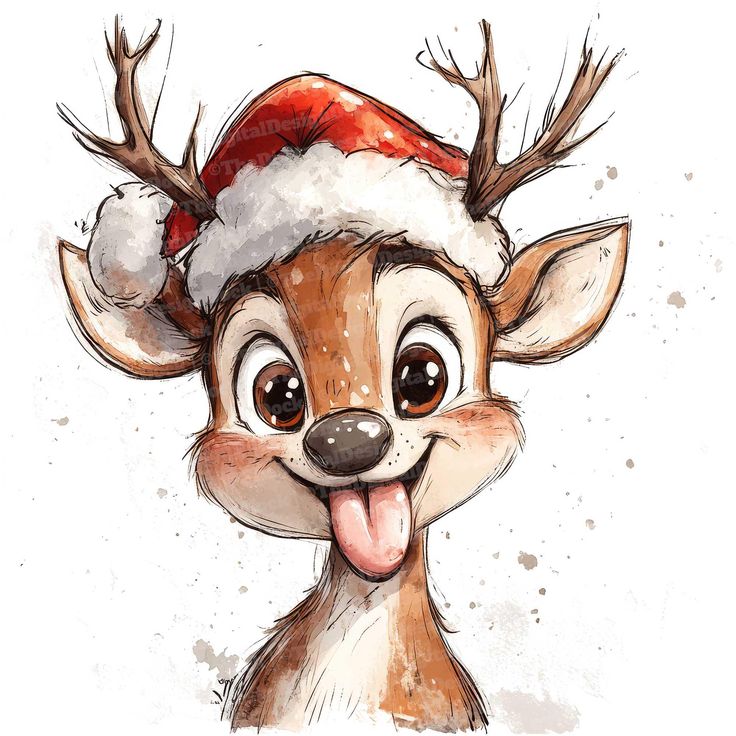 a drawing of a deer wearing a santa hat