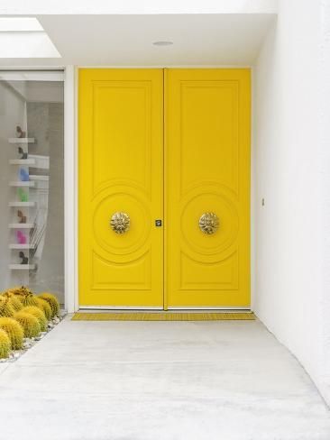 two yellow doors in front of a white wall and some flowers on the ground next to it