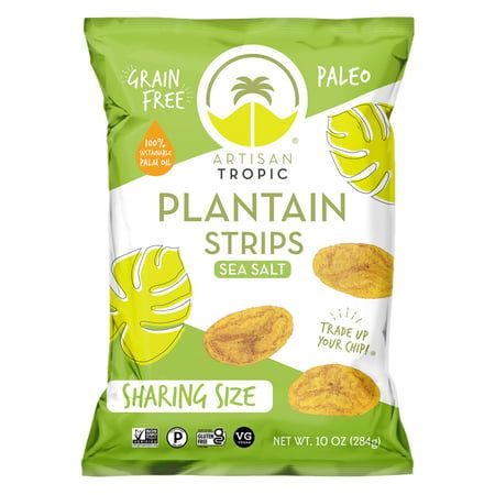 a bag of plantain strips sitting on top of a white surface