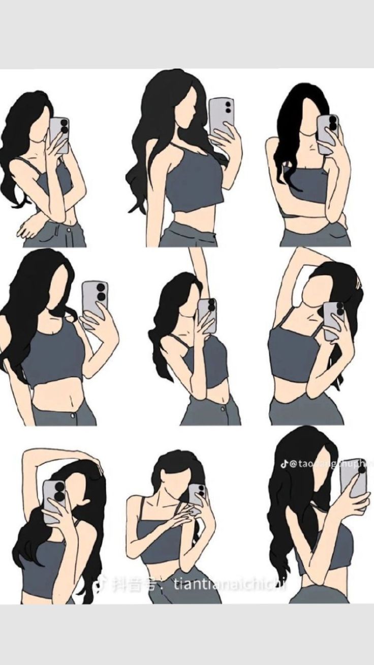 a woman taking a selfie with her cell phone in different positions and holding a camera