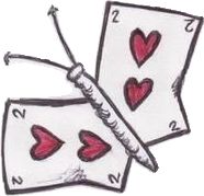 two playing cards with hearts on them are drawn in pen and colored pencils,