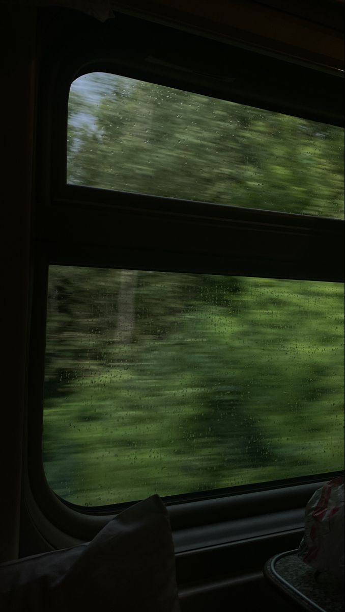 a view from the inside of a train window looking out at trees and grass in the distance