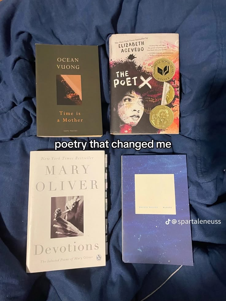 three books are laying on a bed with the caption, poetry that changed me