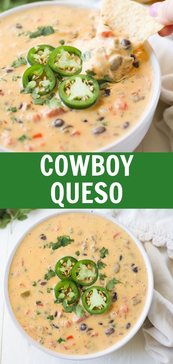 two bowls of cowboy quesadilla soup with tortilla chips on the side