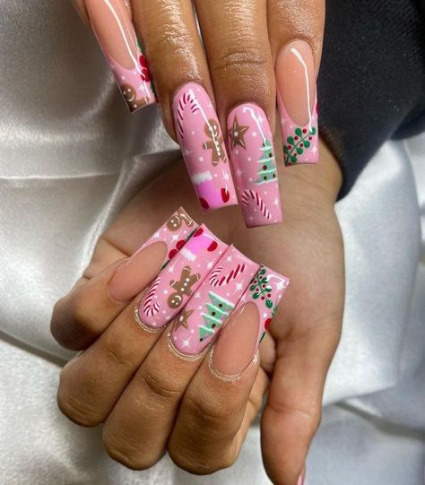 Pink Christmas Nail Designs, Easy Christmas Nail Designs, Pink Christmas Nail, Pink Christmas Nails, Cute Pink Christmas, Christmas Nail Designs Easy, Fall Gel Nails, Christmas Nails Easy, Christmas Nails Acrylic