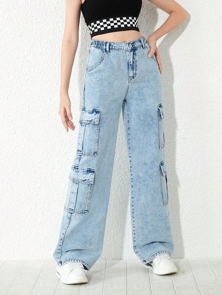 Details:Button \nFit Type:Loose \nDetails:Pocket \nDetails:Zipper \nClosure Type:Zipper Fly \nColor:Light Wash \nPattern Type:Plain \nType:Wide Leg \nWaist Line:Natural \nLength:Long \nFabric:Non-Stretch \nMaterial:Denim \nComposition:100% Cotton \nCare Instructions:Machine wash, do not dry clean \nPockets:Yes \nBody:Unlined \nSheer:No \n Summer Teen, Teen Summer, Jeans Cargo, Tween Outfits, Jeans Kids, Girls Denim, Cargo Jeans, Light Wash Denim