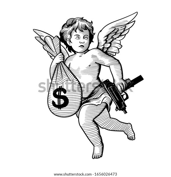 Angel With Money Bag Tattoo, Ski Mask Tattoo, Tattoo Outline Drawing Stencil, Money Bag Tattoo, Unique Half Sleeve Tattoos, Tattoo Angel, Holding Money, Gangsta Tattoos, Money Tattoo