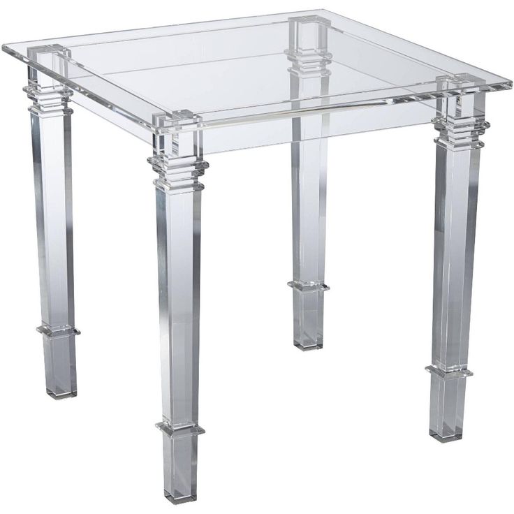 an acrylic side table with clear legs and a square glass top, on a white background