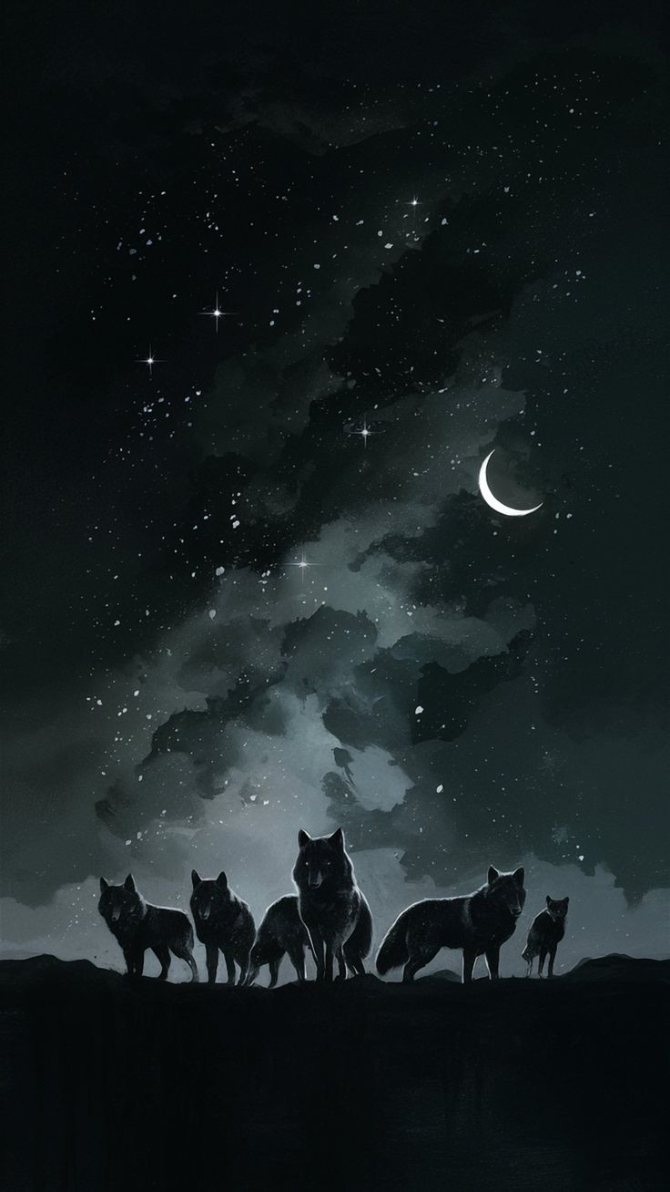 five wolfs standing in the moonlight under a night sky