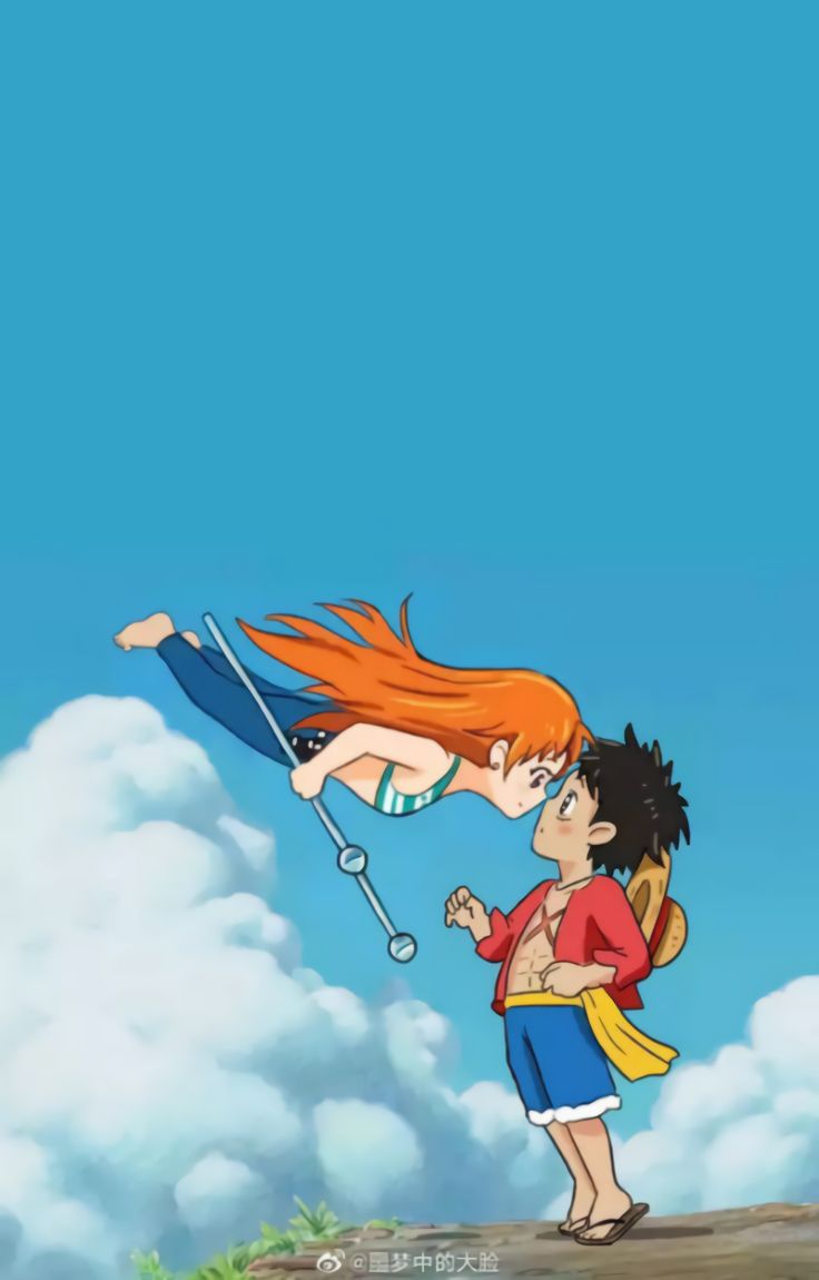 an animated image of a man kissing a woman on the cheek with clouds in the background