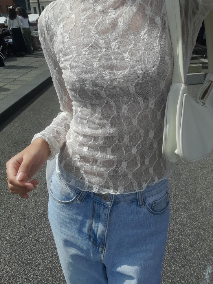 lace, sheer top, lace top Sheer Lace Top Outfit Aesthetic, White Sheer Lace Top For Party, White See Thru Top, Chic White Sheer Lace Top, White Sheer Long Sleeve Lace Top, Lace Top Outfit White, White Fitted Mesh Top With Lace Detail, Lace White Top, Tøp Aesthetic