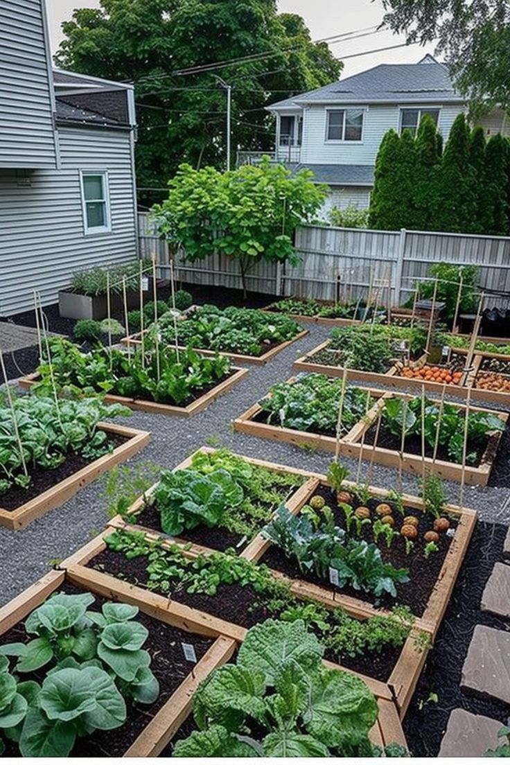 A backyard vegetable garden with multiple raised wooden beds, filled with various leafy greens and plants, surrounded by gravel paths and a wooden fence. Vege Garden Inspiration, Garden Patch Ideas, Front Yard Food Garden, Tiny Backyard Garden, Garden Planning Ideas, Backyard Vegetable Garden Design, Backyard Veggie Garden, Backyard Vegetable Garden Ideas, Veggie Garden Ideas