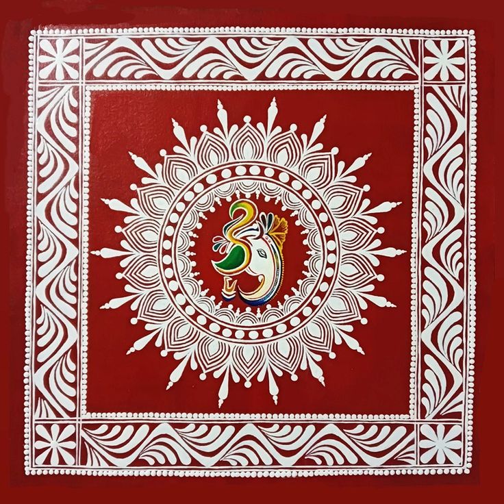 an intricately designed painting on red paper with white border and colorful bird in center