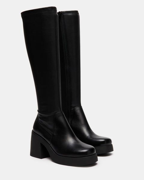 BERKLEIGH Black Knee High Boot | Women's Platform Boots – Steve Madden Chunky Boots Steve Madden, Tall Black Boots Steve Madden, Black Boots High Knee, H&m Boots Black, Black Square Toe Knee High Boots, Black High Top Boots, Black Knee High Platform Boots, Steve Madden High Boots, Classy Platform Heels