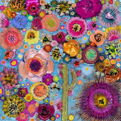 an art work with flowers, cactus and other things on the ground in blue background