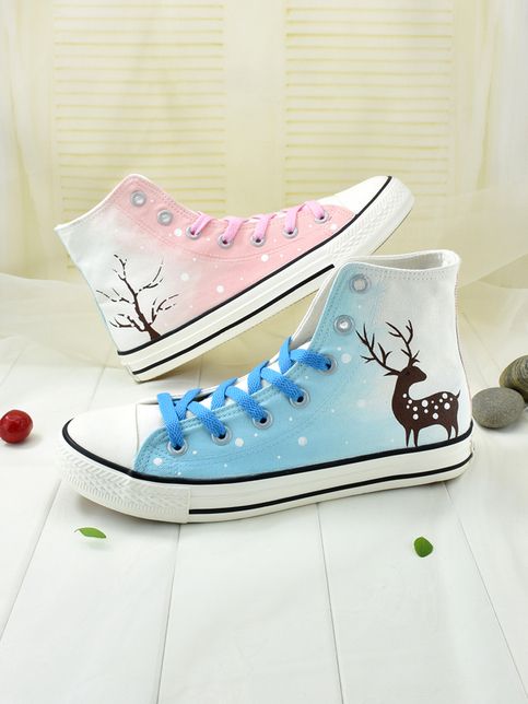 Cute High-top canvas shoes hand-painted snowflake elk sold by Honey Honey on Storenvy Snowflake Shoes, Painting Costume, Painted Shoes Diy, Honey Shop, Nickel Allergy, Shoes Diy, Clear Nail Polish, Painted Shoes, Diy Shoes