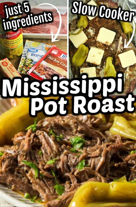 the ingredients for this slow cooker mississippi pot roast are shown