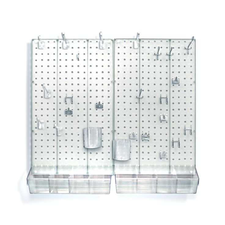 two clear pegboard displays with cups and spoons