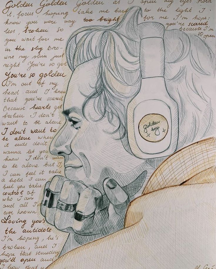 a drawing of a man with headphones on his ears and handwritten text in the background