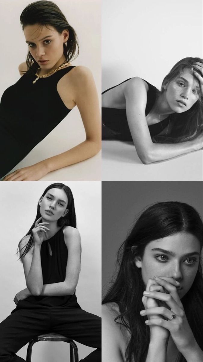 four photos of women in black and white, one with her hand on her chin