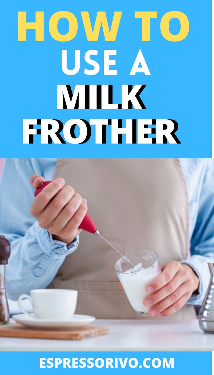 a person mixing milk in a glass with the words how to use a milk frother