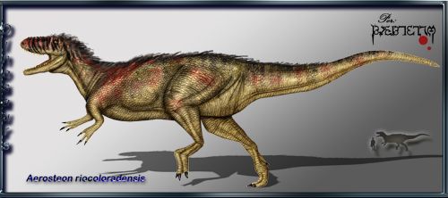 an artist's rendering of a tyrantopsaurus walking with another dinosaur in the background