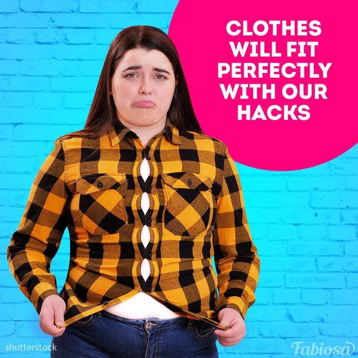 a woman with her hands in her pockets and the words clothes will fit perfectly with our hacks