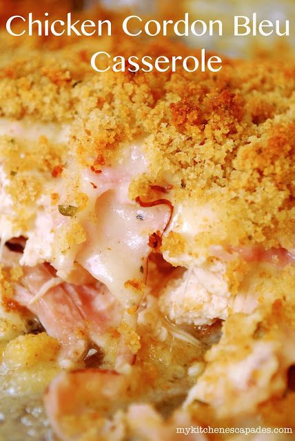 the chicken cordon bleu casserole has been cooked and is ready to be eaten