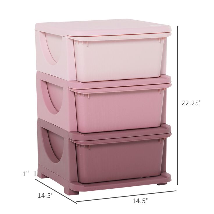 three pink storage containers stacked on top of each other, with measurements for the size