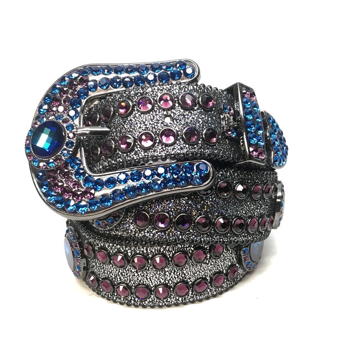 BB SIMON BELTS ITALIAN LEATHER MADE WITH AUTHENTIC SWAROVSKI CRYSTALS HANDMADE IN THE USA Our store has been carrying b.b. Simon belts for over 20 years to date and is the largest authorized retailer. If your belt is not in stock please allow 4-8 weeks for custom orders. Free 2 day shipping on all in-stock belts. Please pay attention to the shipping profile purchased. If we do not have your size we will automatically custom order your size on the belt and send a follow-up email to confirm your s Bb Simon Belts, Bb Simon Belt, Bling Belts, Cowgirl Bling, Crystal Belt, Bling Earrings, Rhinestone Belt, Eggplant Purple, Vintage Belts