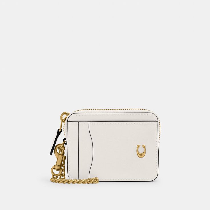 Crafted of refined leather detailed with our Signature hardware this zip-compartment case keeps cards ID keys and other small essentials secure. Clip the chain strap to a belt loop or inside a bag. | Coach Essential Chain Card Case - Women's - Brass/chalk Hobo Crossbody Bag, Woman Card, Backpack Charm, Bag Coach, Signature Hardware, New Handbags, Chain Strap, Card Case, Belt Bag