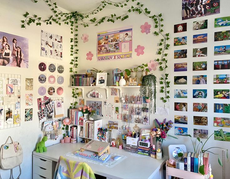 a room with many pictures on the wall and plants growing all over the walls in it