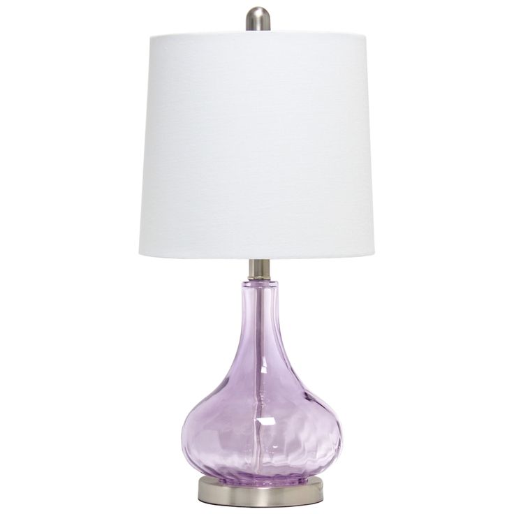 a purple glass table lamp with a white shade