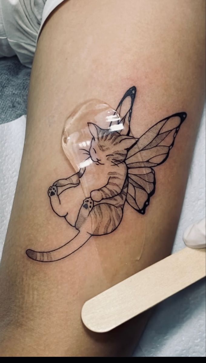 cat with wings tattoo Fairy Wing Tattoos, Butterfly Wing Tattoo, See Tattoo, Cat Tattoos, Cat Tattoo Designs, Cute Tiny Tattoos, Detailed Tattoo, Dainty Tattoos, Real Tattoo