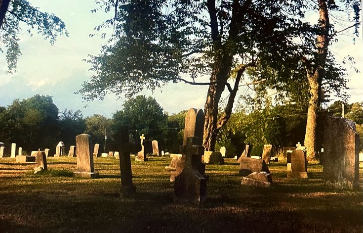 an old cemetery with many headstones and trees