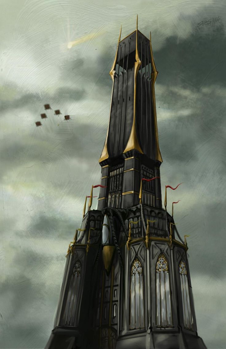 a painting of a clock tower in the sky