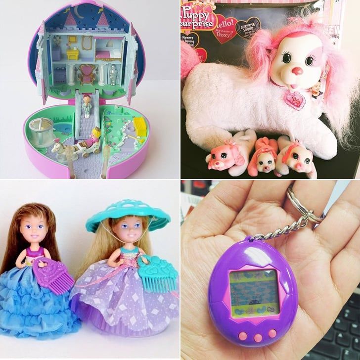 there are four pictures of toys in the same photo, one is a doll and the other has a cell phone