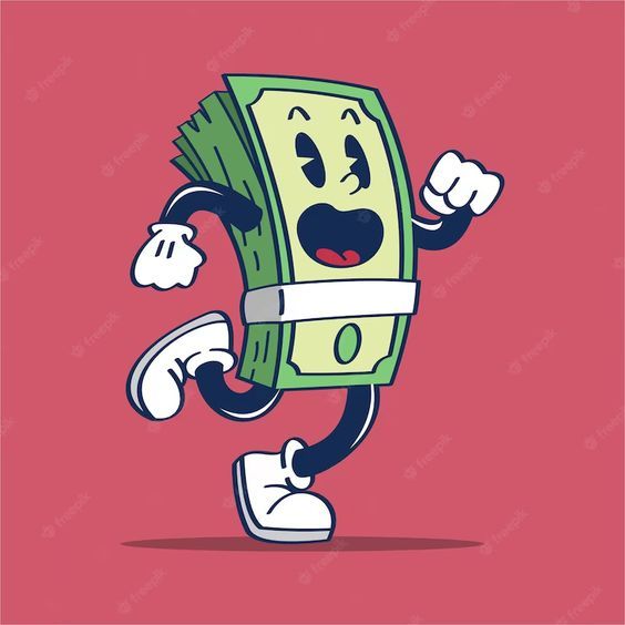 a cartoon money bill character with arms and legs, holding his hands up in the air