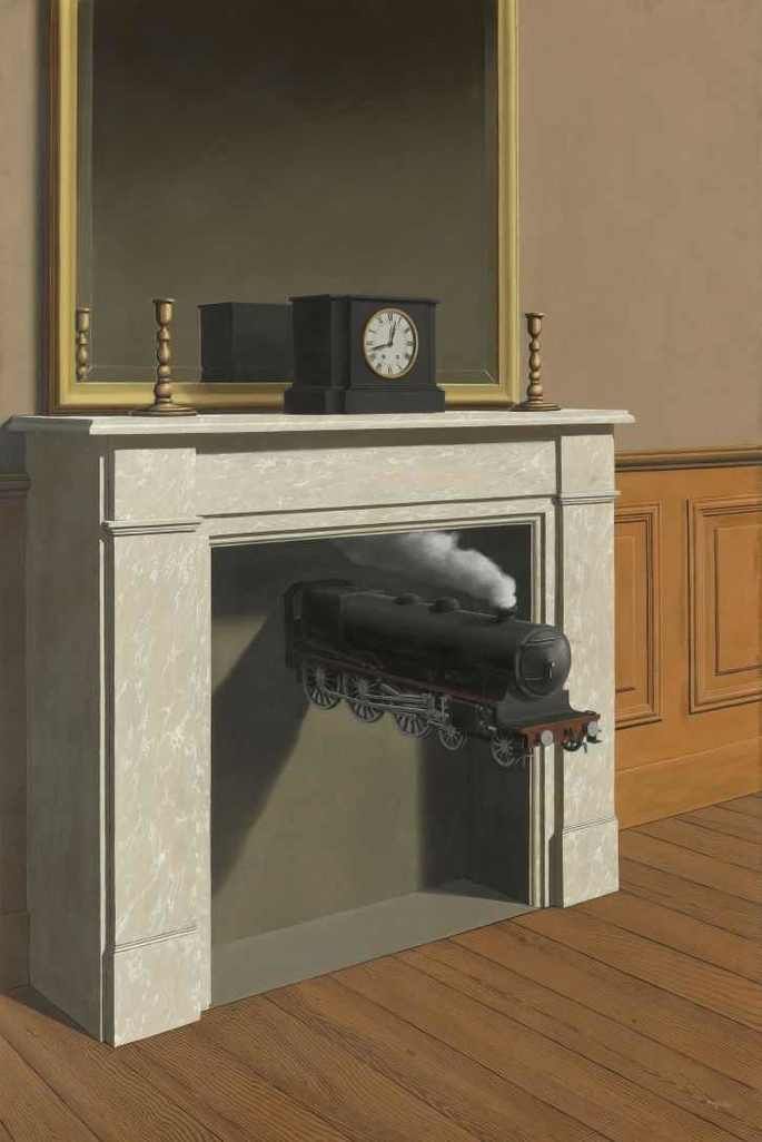 a room with a fireplace, mirror and clock on the top shelf is shown in this 3d image