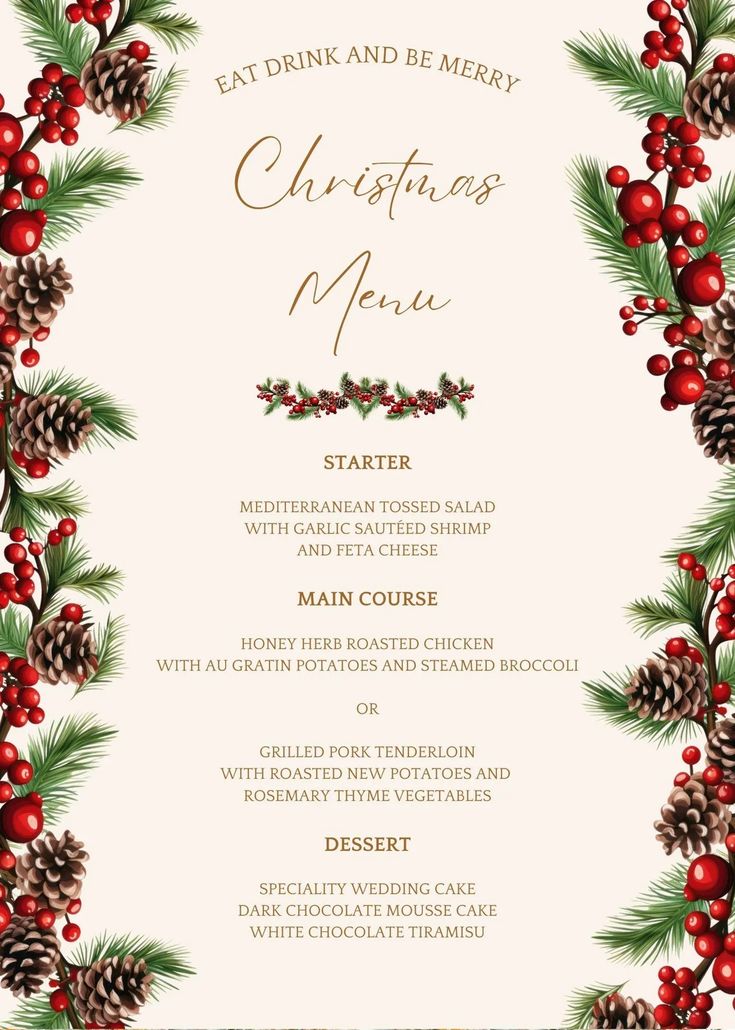 a christmas menu with pine cones and berries