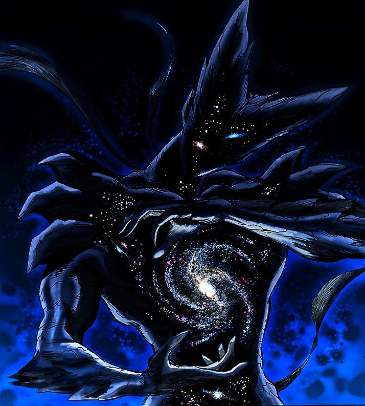 a painting of a man with his hands on his hips and arms around him, in front of a spiral galaxy background