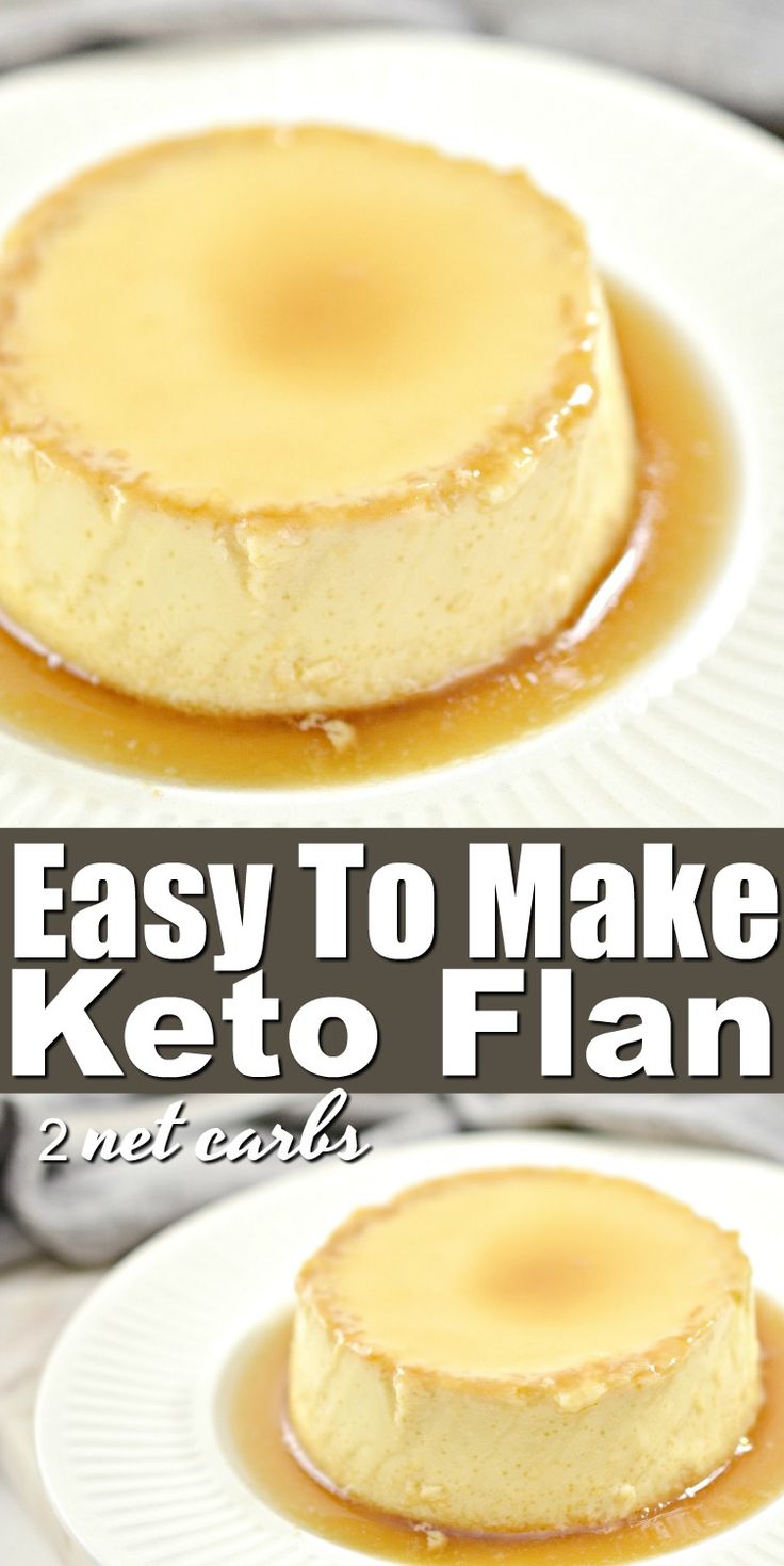 two plates with cheesecakes on them and the words easy to make keto flan