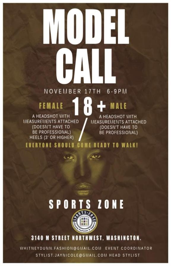 a poster for the model call event with an image of a woman's face