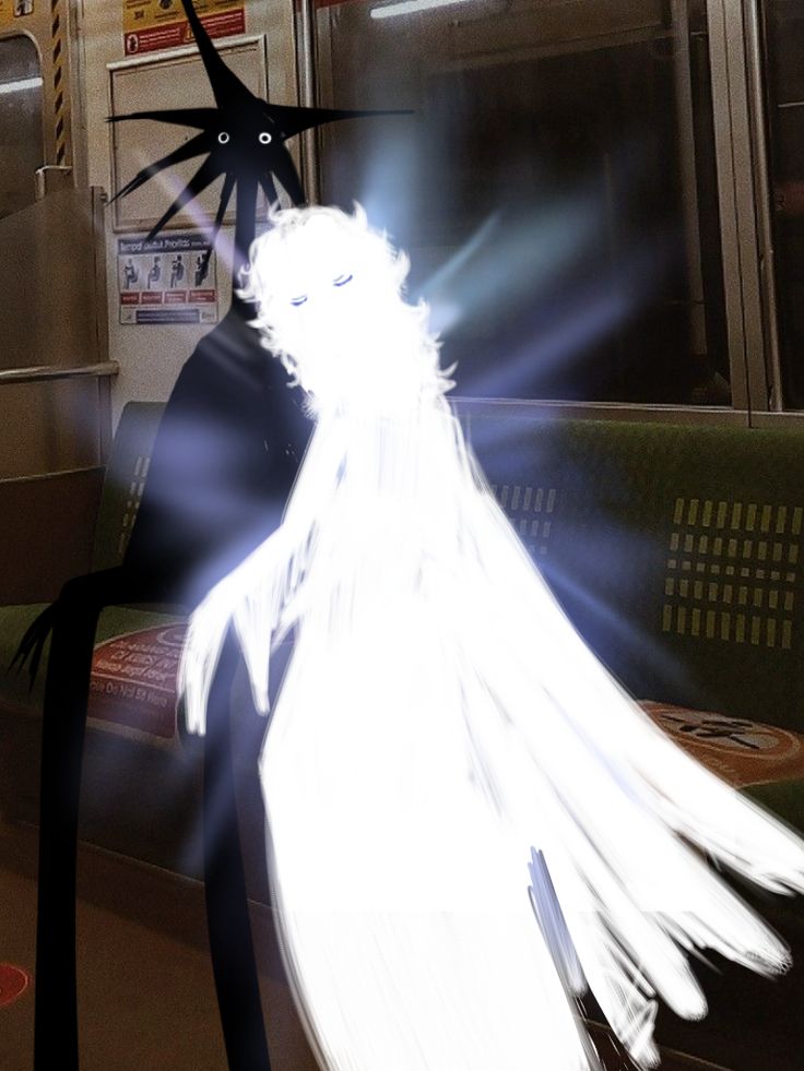 an animated image of a ghost on a subway train with the light shining through it