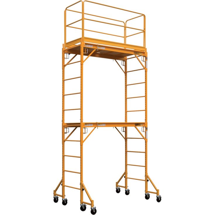 a yellow scaffold with wheels and a ladder on the bottom level, in front of a white background